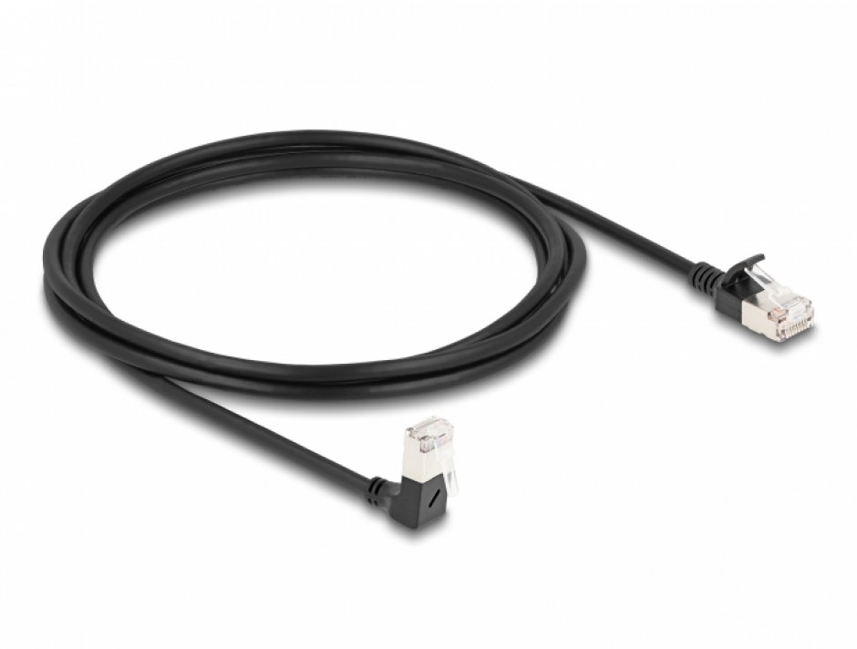 Imagine Cablu de retea RJ45 Cat.6A S/FTP Slim unghi 90 grade jos/drept 2m Negru, Delock 80306