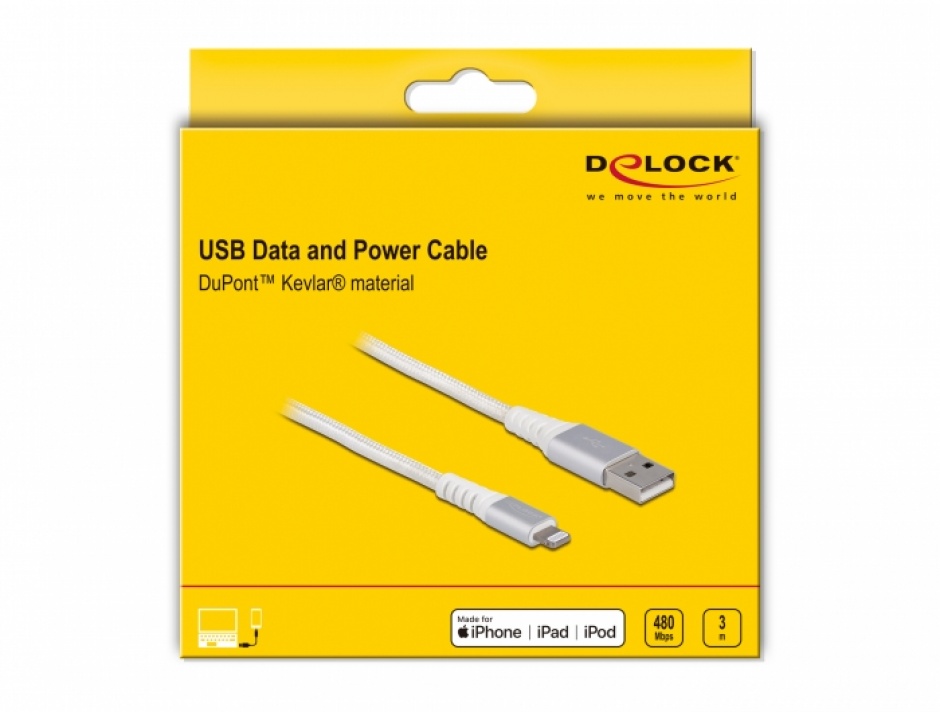 Imagine Cablu date + incarcare USB la Apple Lightning MFI 3m Alb, Delock 83003