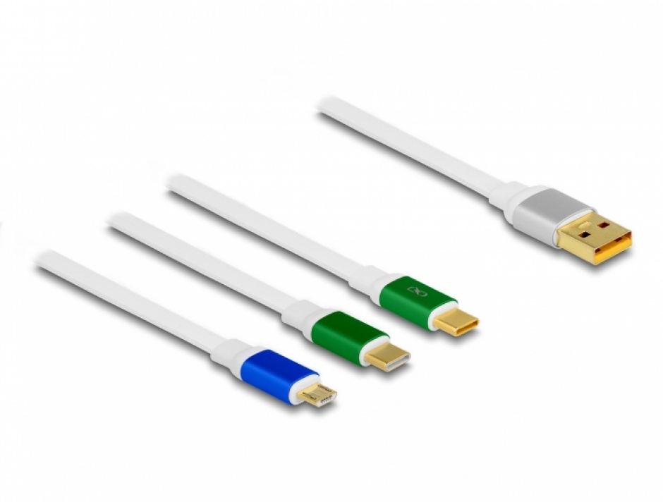 Imagine Cablu 3 in 1 retractabil USB la micro USB/2 x USB Type-C Fast Charging Alb, Delock 85358