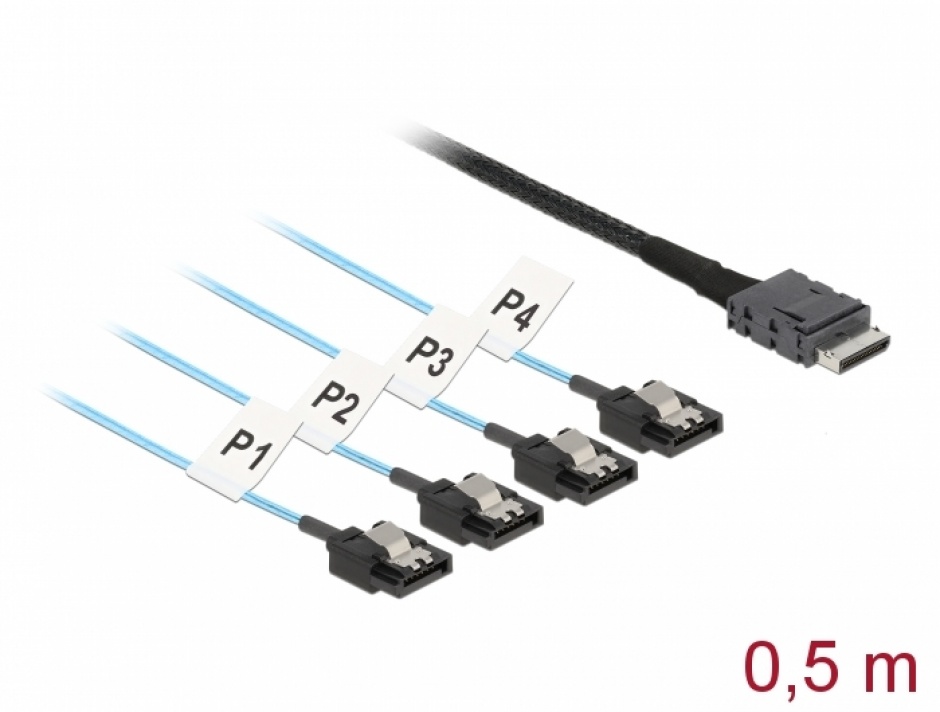 Imagine Cablu OCuLink SFF-8611 la 4 x SATA 7 pini 0.5m metal, Delock 85468