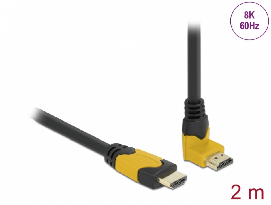 Imagine Cablu Ultra High Speed HDMI 8K60Hz/4K240Hz drept/unghi 90 grade sus T-T 2m Negru/Galben, Delock 86989