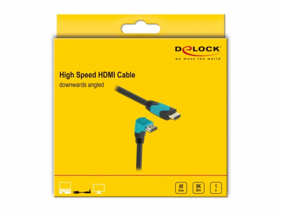 Imagine Cablu Ultra High Speed HDMI 8K60Hz/4K240Hz drept/unghi 90 grade jos T-T 1m Negru/Bleu, Delock 86991