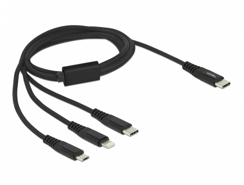 Imagine Cablu de incarcare USB 3 in 1 USB-C la Lightning / Micro USB / USB-C T-T 1m, Delock 87149