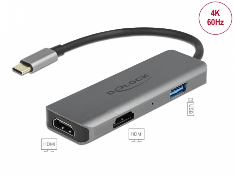 Imagine Docking station USB type C la 2 x HDMI 4K60Hz MST + 1 x USB-A, Delock 87780
