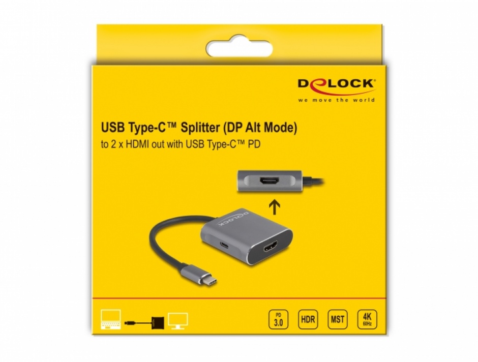 Imagine Adaptor USB type C (DP Alt Mode) la 2 x HDMI 4K60Hz MST + PD, Delock 87805