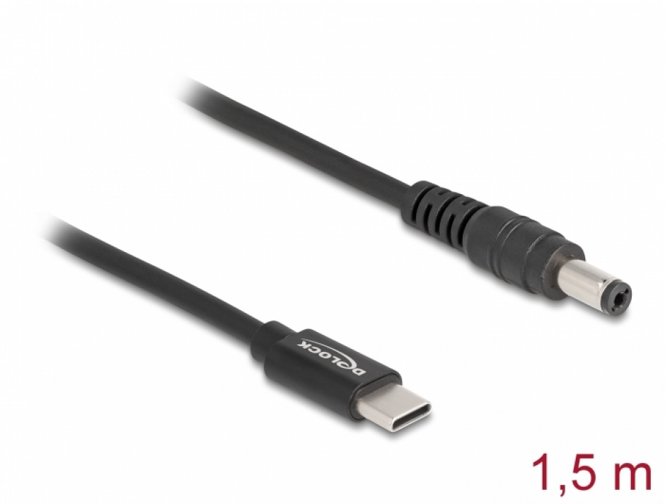 Imagine Cablu de alimentare laptop USB type C la DC 5.5 x 2.1 mm 20V/3A 1.5m, Delock 87977