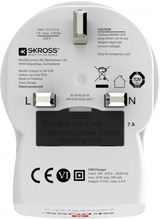 Imagine Adaptor priza Europa/Schuko la UK + 2 x USB-A, Skross 1.500280