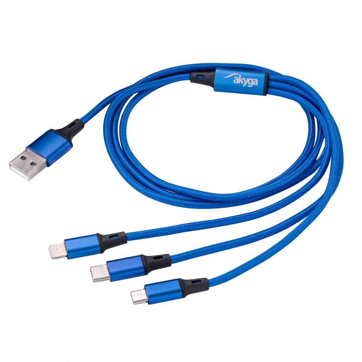 Imagine Cablu USB la micro USB/USB type C/Lightning brodat 1.2m Albastru AK-USB-27