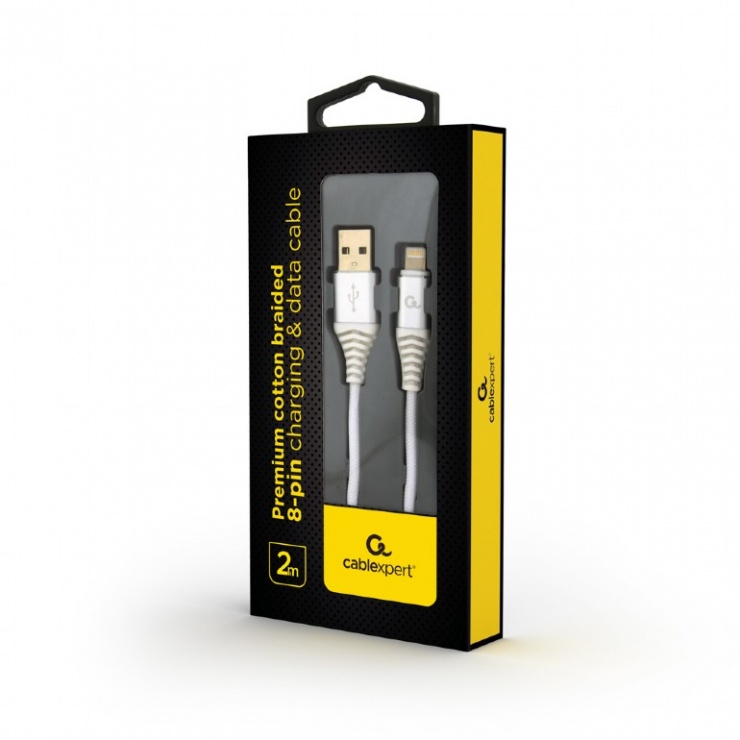 Imagine Cablu date + incarcare USB la iPhone Lightning Premium 2m Argintiu/Alb, Gembird CC-USB2B-AMLM-2M-BW2