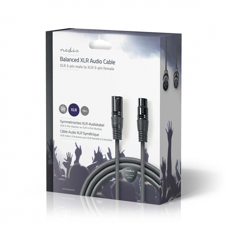 Imagine Cablu audio prelungitor balansat XLR 3 pini T-M 15m, Nedis COTG15010GY150