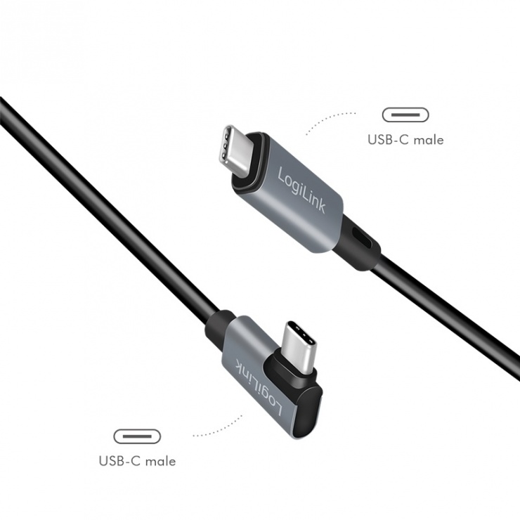 Imagine Cablu USB 2.0 type C unghi/drept E-mark T-T 100W 2m, Logilink CU0183