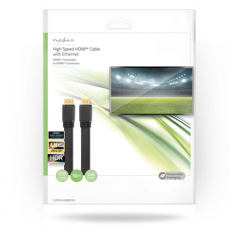 Imagine Cablu HDMI cu Ethernet 4K30Hz flat T-T 10m, Nedis CVGP34100BK100