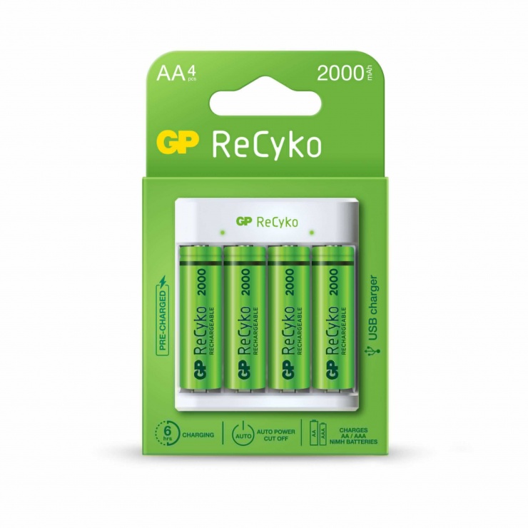 Imagine Set 4 acumulatori 2000mAh AA NiMH + incarcator USB AA/AAA,  GP Batteries E411