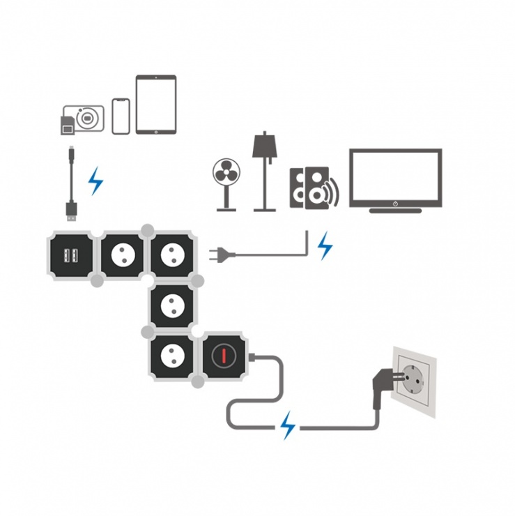 Imagine Prelungitor flexibil cu 4 x Schuko + 2 x USB 2.4A 1.5m, Logilink LPS276U