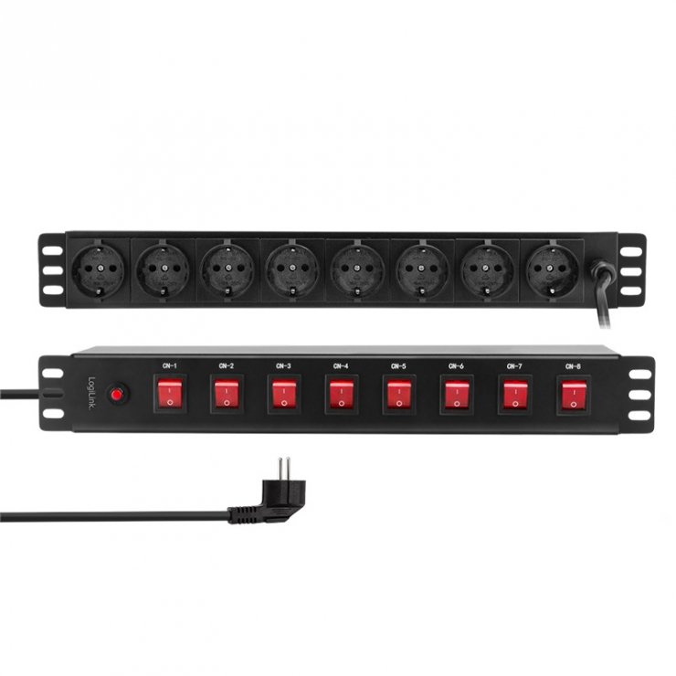 Imagine Prelungitor PDU 19" cu 8 x Schuko 2m + switch ON/OFF, Logilink PDU8D01