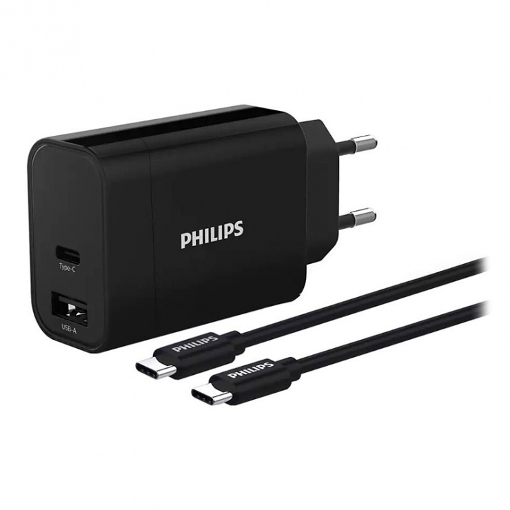 Imagine Incarcator priza 1 x USB-A + 1 x USB-C + cablu USB type C 30W, Philips PH-DLP2621C/1