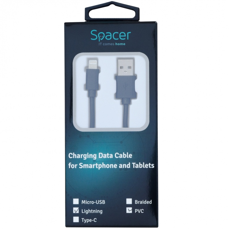 Imagine Cablu date + incarcare USB 2.0 la iPhone Lightning 1m Negru, Spacer SPDC-LIGHT-PVC-BK-1.0