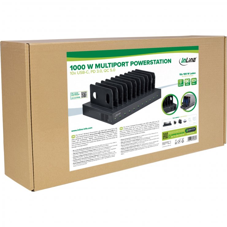 Imagine Statie de incarcare (incarcator priza) 1000W cu 10 x USB-C PD3.0 QC5.0, InLine IL31516B