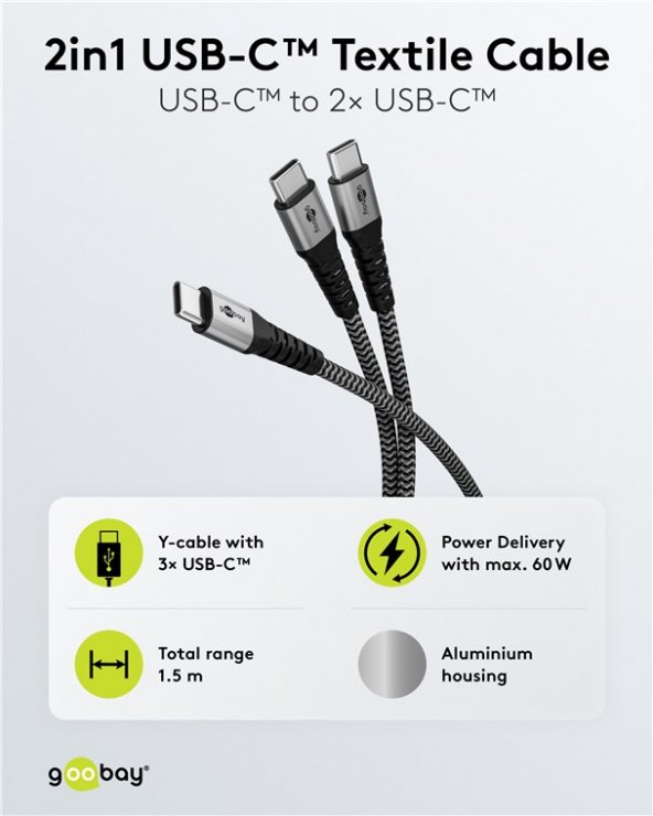 Imagine Cablu USB 2.0 type C la 2 x USB type C T-T 60W 1.5m brodat, Goobay G75739