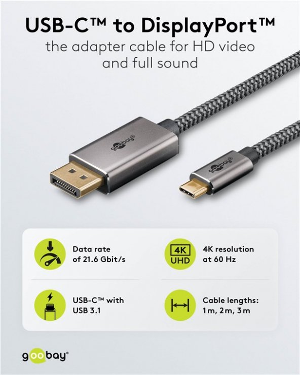 Imagine Cablu USB type C la Displayport 4K60Hz T-T 2m brodat, Goobay G75708