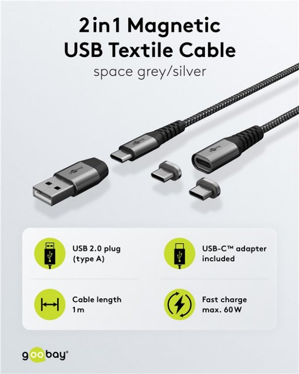 Imagine Cablu USB type C + adaptor USB-A la conector magnetic USB type C 1m brodat, Goobay G65653