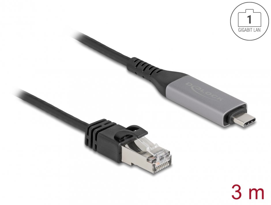 Imagine Cablu de retea USB Type C la RJ45 Gigabit LAN 3m, Delock 60761