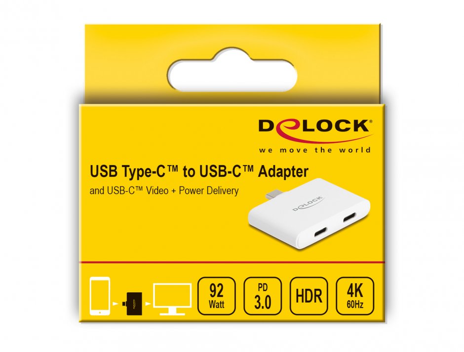 Imagine Adaptor USB type C la USB type C 10Gbps/4K60Hz + USB type C PD 92W, Delock 61088