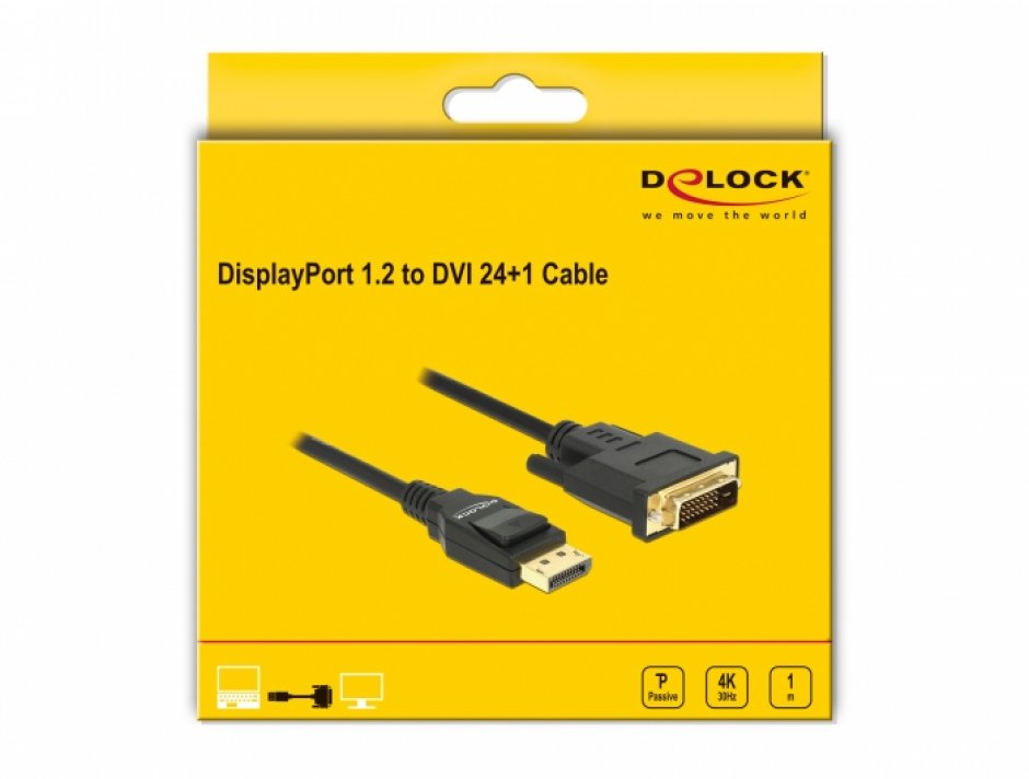 Imagine Cablu Displayport 1.2 la DVI 24+1 pini 4K30Hz T-T pasiv 1m negru, Delock 85312