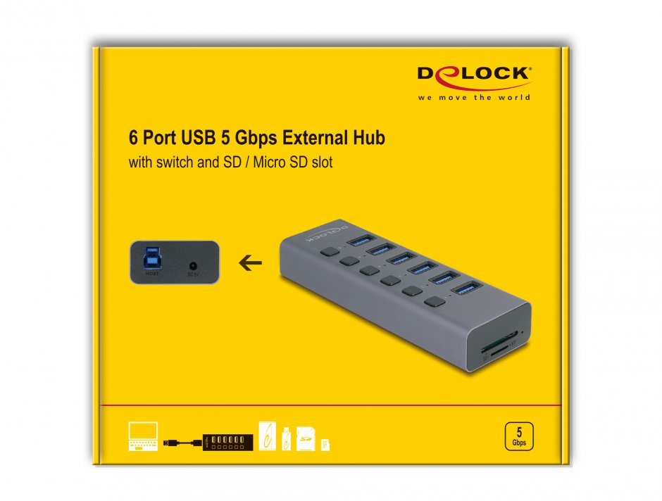 Imagine HUB USB-A/type C 5Gbps la 6 x USB-A Switch On/Off + slot SD / Micro SD, Delock 64237