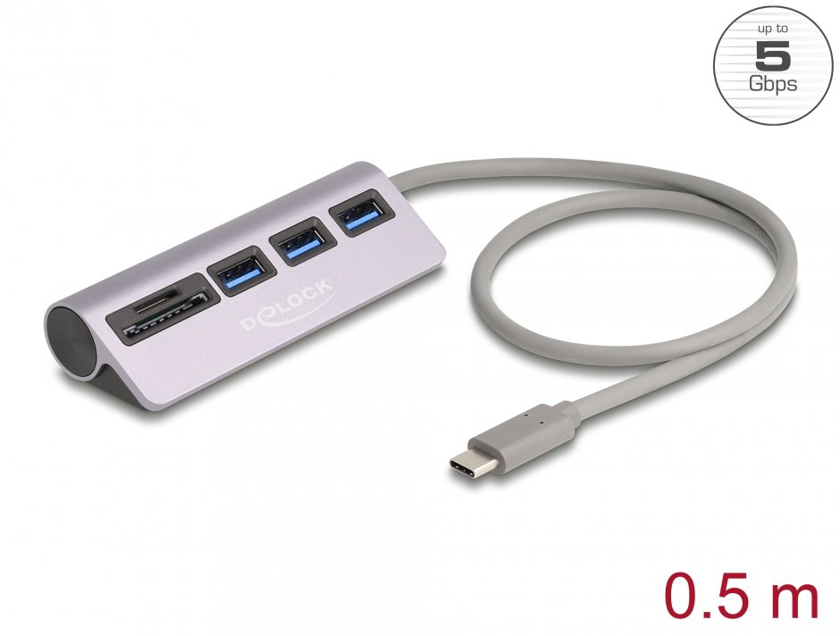 Imagine HUB USB type C 5Gbps la 3 x USB-A + cititor SD/Micro SD Argintiu, Delock 64292