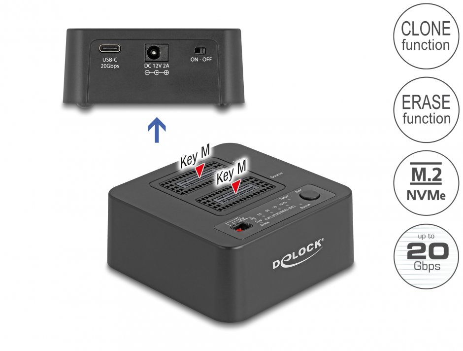 Imagine Docking station pentru 2 x M.2 NVMe PCIe SSD cu functie de Clona/Erase, Delock 64300