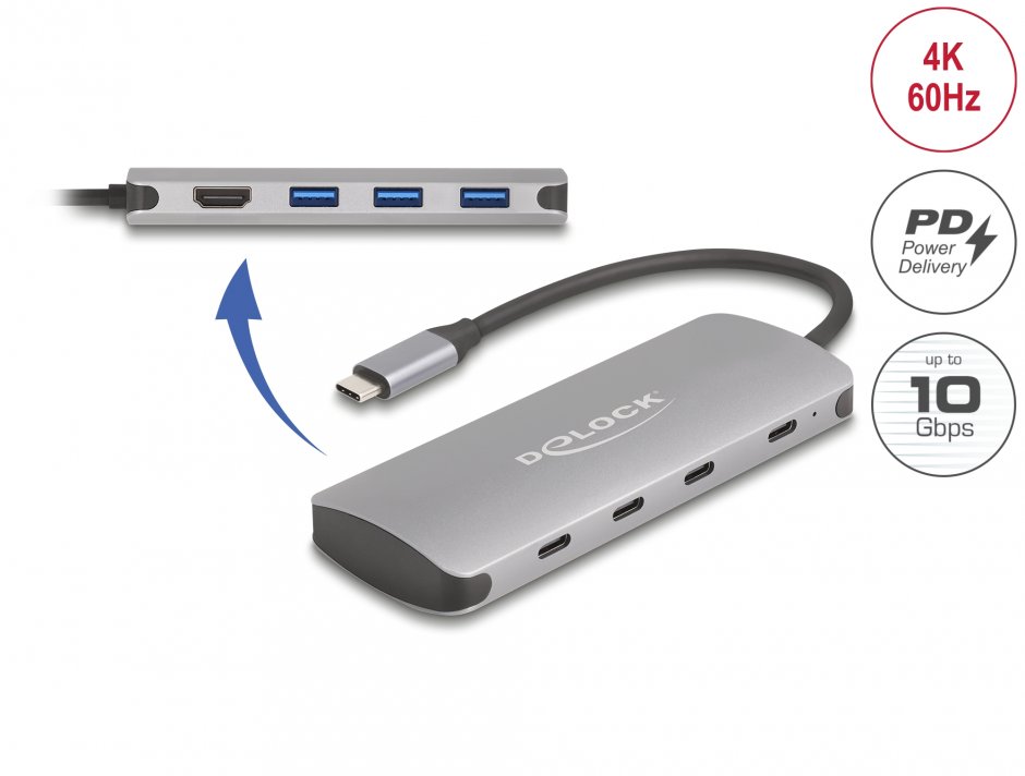 Imagine Adaptor USB 3.2 type C la HDMI + 3 x USB-A + 3 x USB-C + PD 90W, Delock 64323