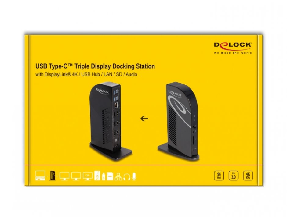Imagine Docking Station USB type C la 3xHDMI/3xDisplayport 4K/USB Hub/LAN/SD/Audio/PD 96W, Delock 88051
