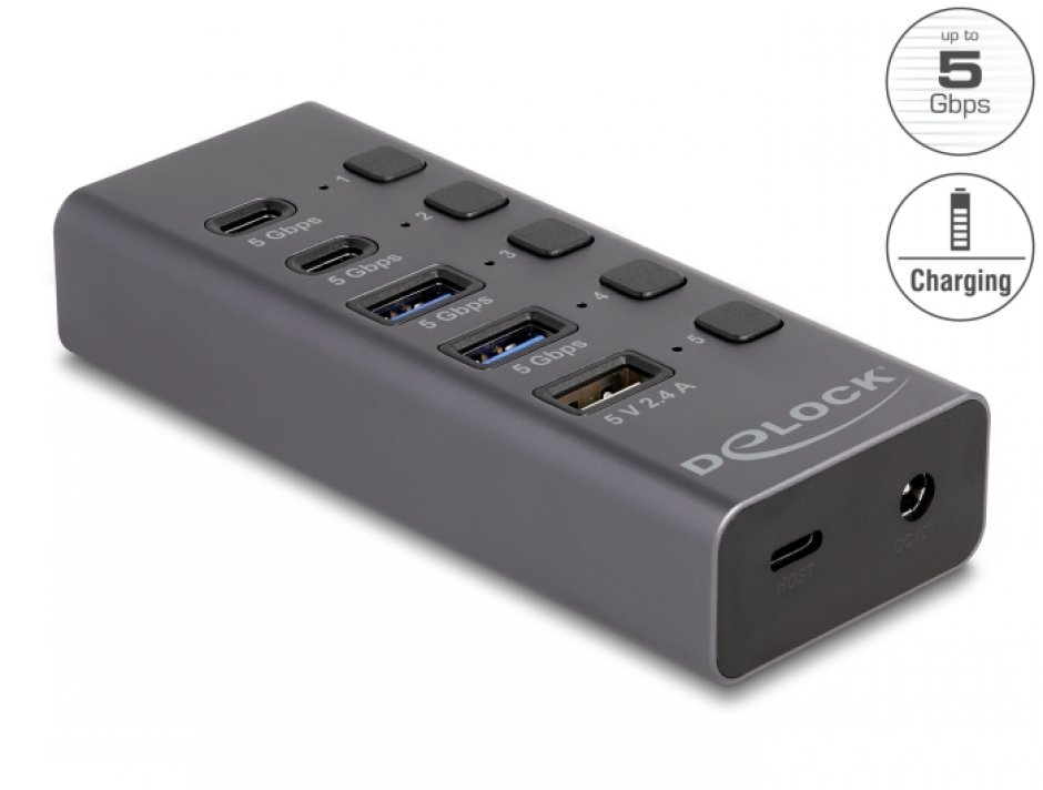 Imagine HUB USB 3.2 la 2 x USB-A + 2 x USB Type C + 1 x Fast Charging cu Switch ON/OFF, Delock 64248