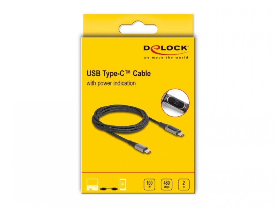 Imagine Cablu USB 2.0 type C la USB type C cu indicator LED T-T 2m, Delock 86809