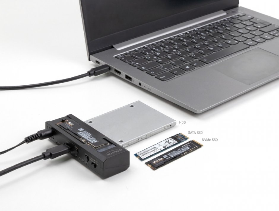 Imagine Convertor USB type C la 1 x SSD M.2 NVMe + 1 x SATA SSD/HDD Functie de clona, Delock 64252