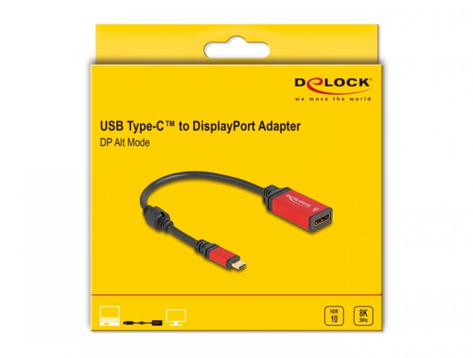 Imagine Adaptor USB type C la Displayport (DP Alt Mode) 8K30Hz/4K144Hz T-M HDR, Delock 60052