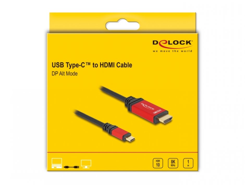 Imagine Cablu USB type C la HDMI (DP Alt Mode) 8K60Hz/4K240Hz T-T HDR 1m, Delock 80095