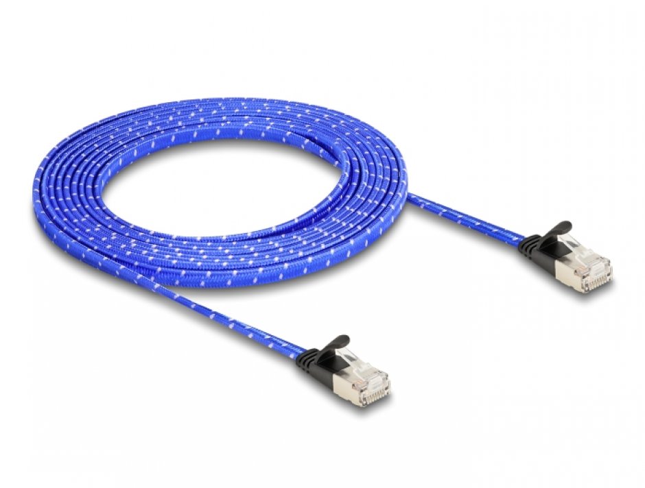 Imagine Cablu de retea brodat RJ45 Cat.6A Flat FTP 3m Albastru, Delock 80385