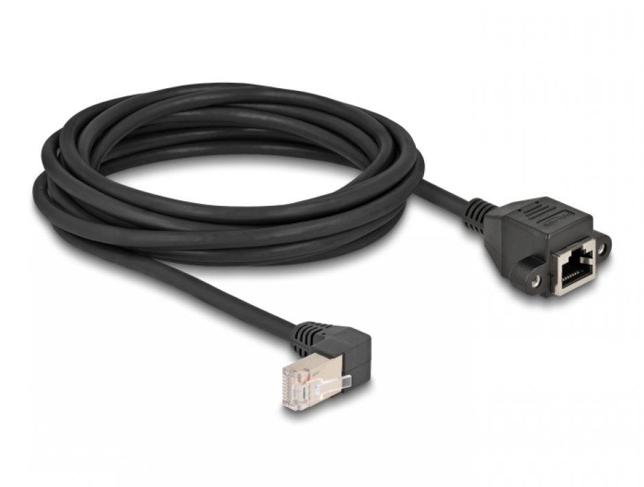 Imagine Cablu prelungitor de retea RJ45 cat.6A S/FTP drept/unghi 5m Negru, Delock 80314
