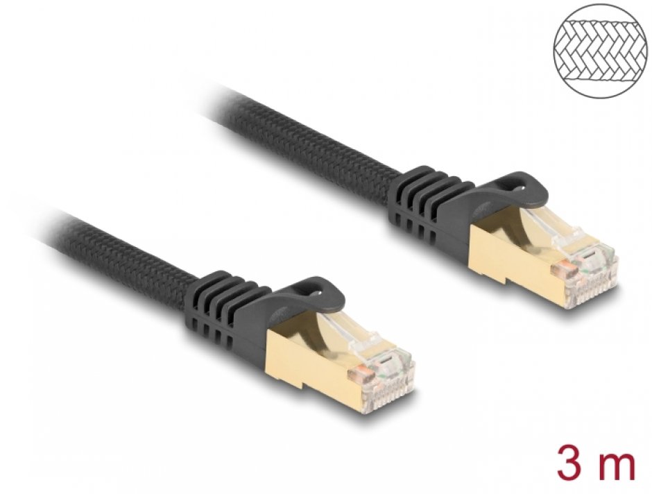 Imagine Cablu de retea RJ45 Cat.6A S/FTP 3m brodat Negru, Delock 80319