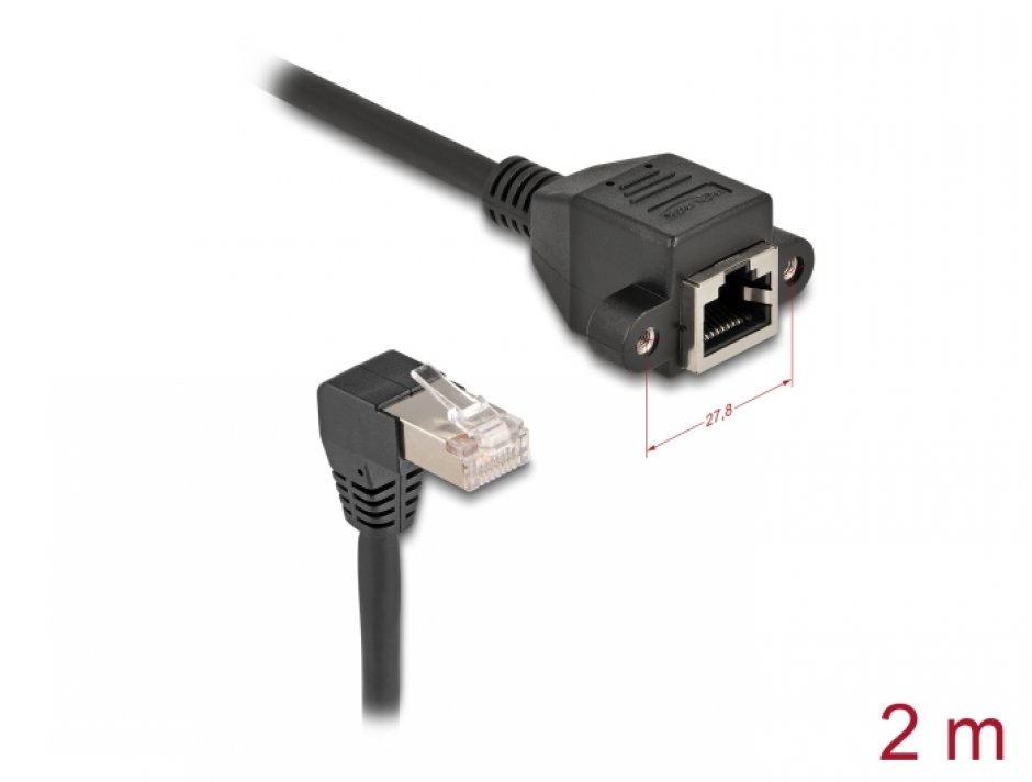 Imagine Cablu prelungitor de retea RJ45 cat.6A S/FTP drept/unghi 2m Negru, Delock 80312