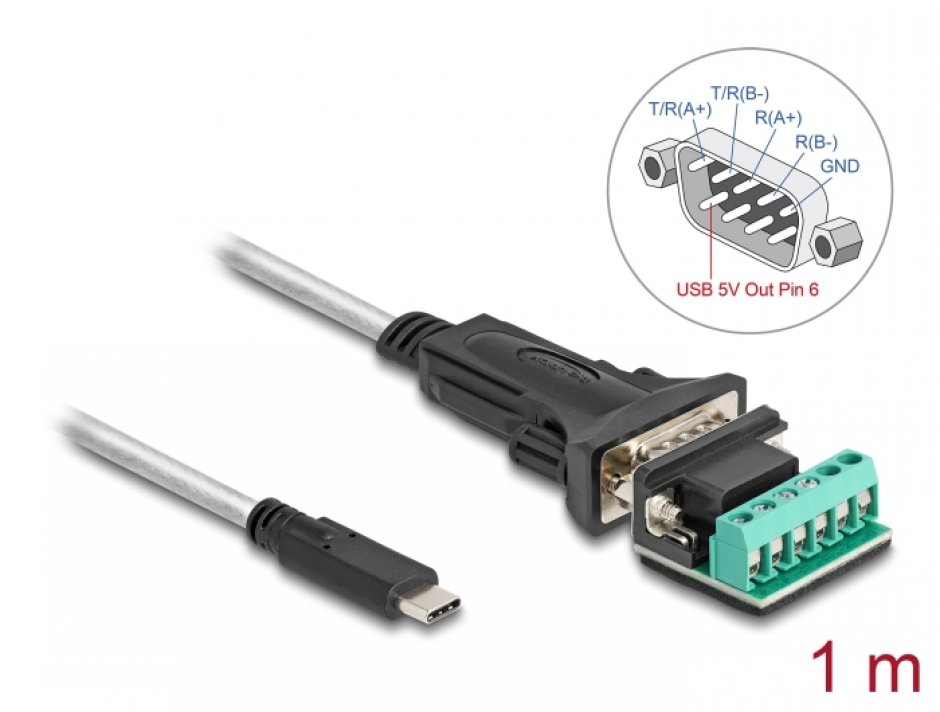 Imagine Adaptor USB 2.0-C la Serial RS-422/485 cu terminal block 5V 1m, Delock 64269