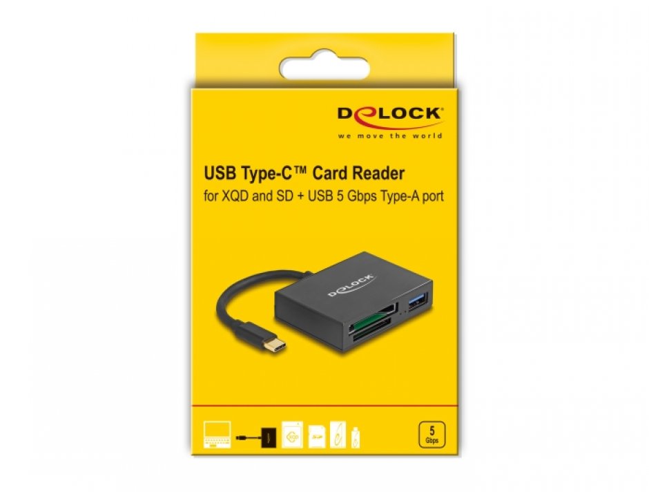 Imagine Cititor de carduri USB type C pentru carduri de memorie XQD / SD + USB-A, Delock 91711