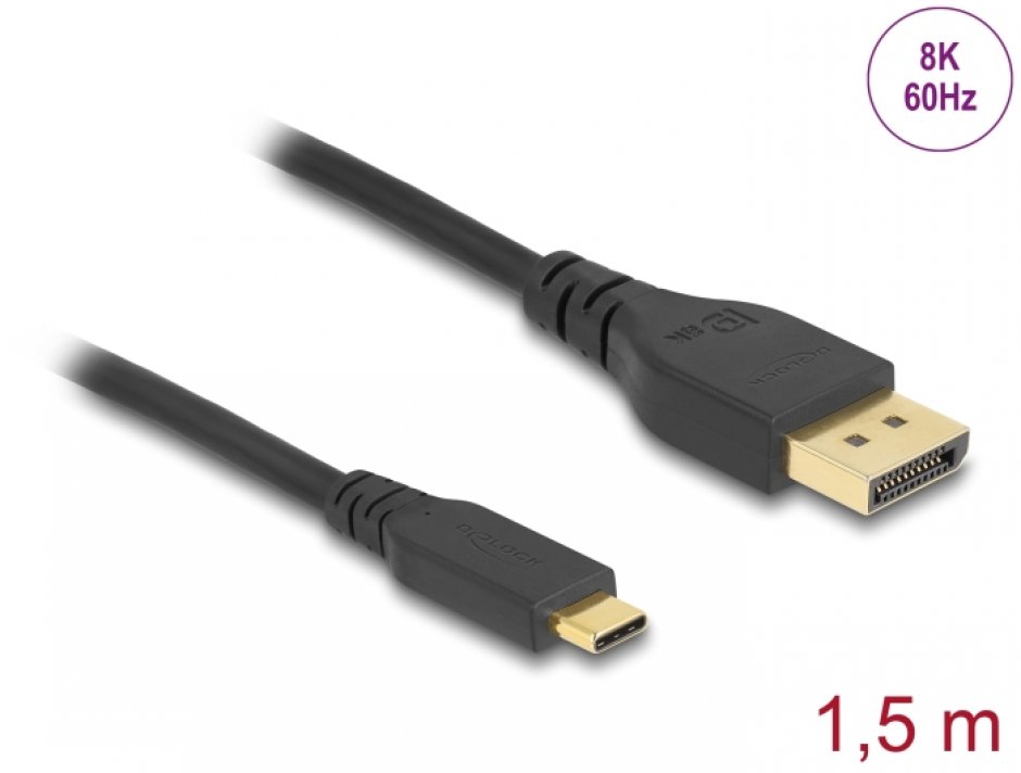 Imagine Cablu bidirectional USB Type-C la DisplayPort (DP Alt Mode) 8K60Hz/4K240Hz 1.5m (DP 8K certificat), Delock 86040