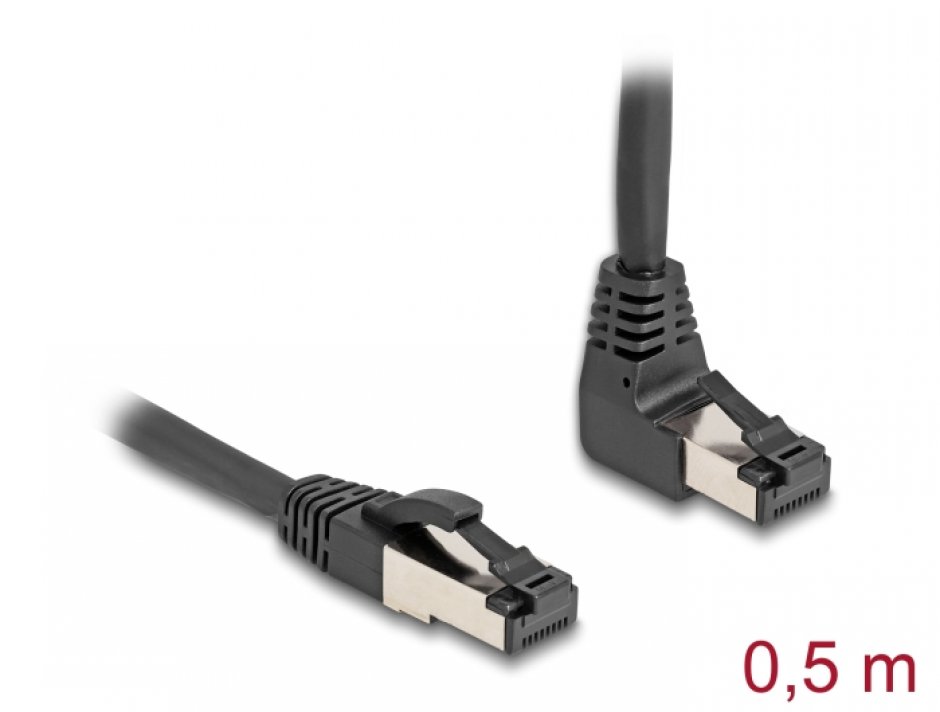 Imagine Cablu de retea RJ45 Cat.8.1 S/FTP drept/unghi 90 grade sus 0.5m Negru, Delock 80393
