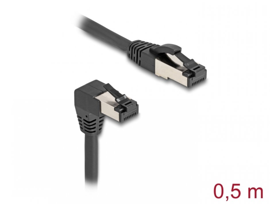 Imagine Cablu de retea RJ45 Cat.8.1 S/FTP drept/unghi 90 grade jos 0.5m Negru, Delock 80399