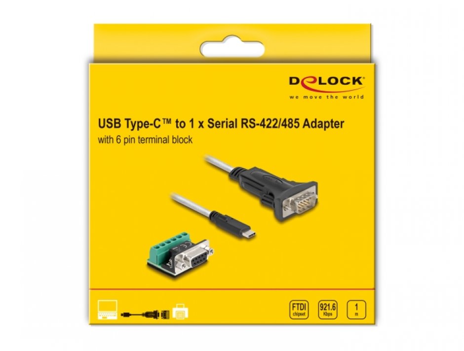 Imagine Adaptor USB 2.0-C la Serial RS-422/485 cu terminal block 5V 1m, Delock 64269