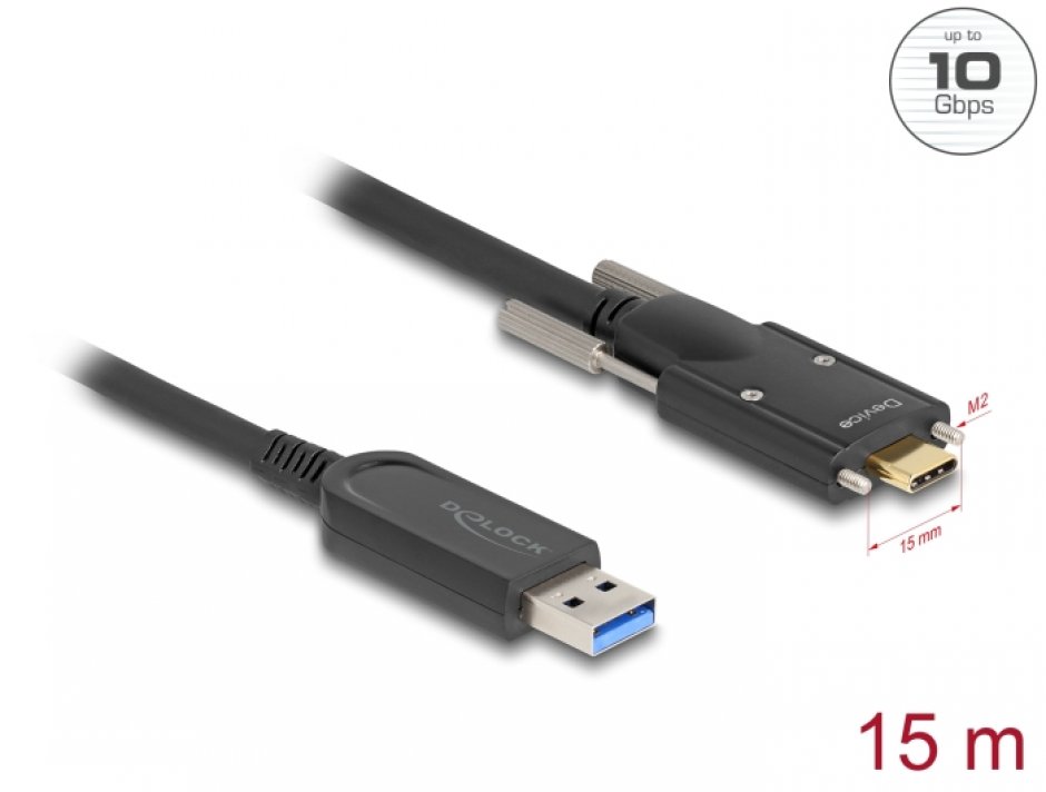 Imagine Cablu activ optic USB 3.2 Gen1-A la USB type C cu suruburi T-T 15m, Delock 83208