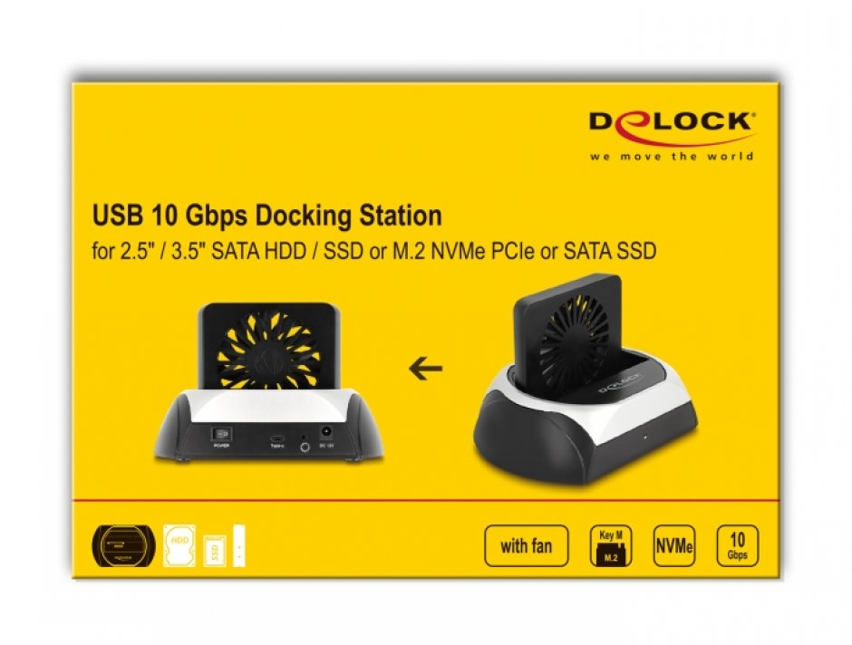 Imagine Docking station USB type C pentru HDD/SSD SATA 2.5"+3.5" sau M.2 NVMe PCIe + SATA cu ventilator, Delock 64280